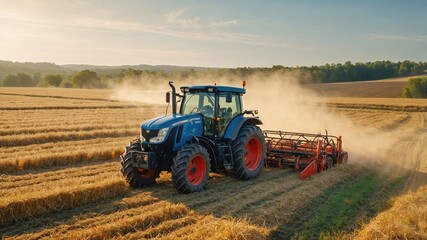 Fototapeta premium A powerful blue tractor works the golden fields under a clear sky, leaving a trail of dust behind. The rural farm landscape captures the essence of hard work and agricultural production