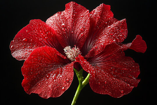 Close-up of red hibiscus flower with water droplets on delicate petals. Botanical bloom macro on black background. Fresh tropical flora showcasing natural texture and vivid color.

