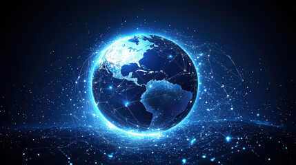 Fototapeta premium Abstract digital blue Earth with global network connections and data transfer in space on a dark background