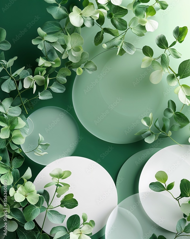 Poster green with white transparent circular shapes layer abstract background for card or greeting template