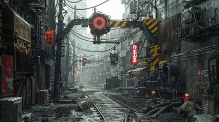 A futuristic cyberpunk alley, drenched in rain and illuminated by neon lights, depicting a gritty urban landscape with weathered streets, cables, and industrial elements