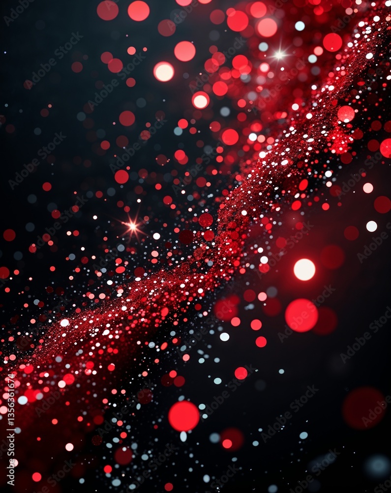 Poster red with black bokeh with glitters in dark abstract background for card or greeting template banner 