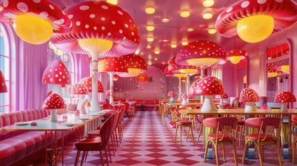 fun, vibrant restaurant with oversized red mushrooms as light fixtures, creating a playful and whimsical atmosphere, designed with bold colors and unique furniture in a creative space