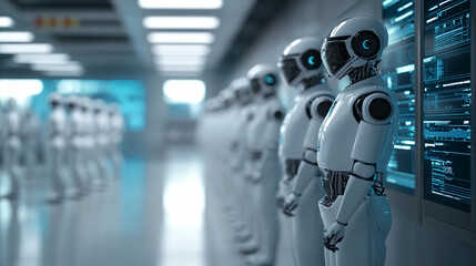 Futuristic robots stand in high tech environment, showcasing advanced AI technology. scene conveys sense of innovation and efficiency in modern setting
