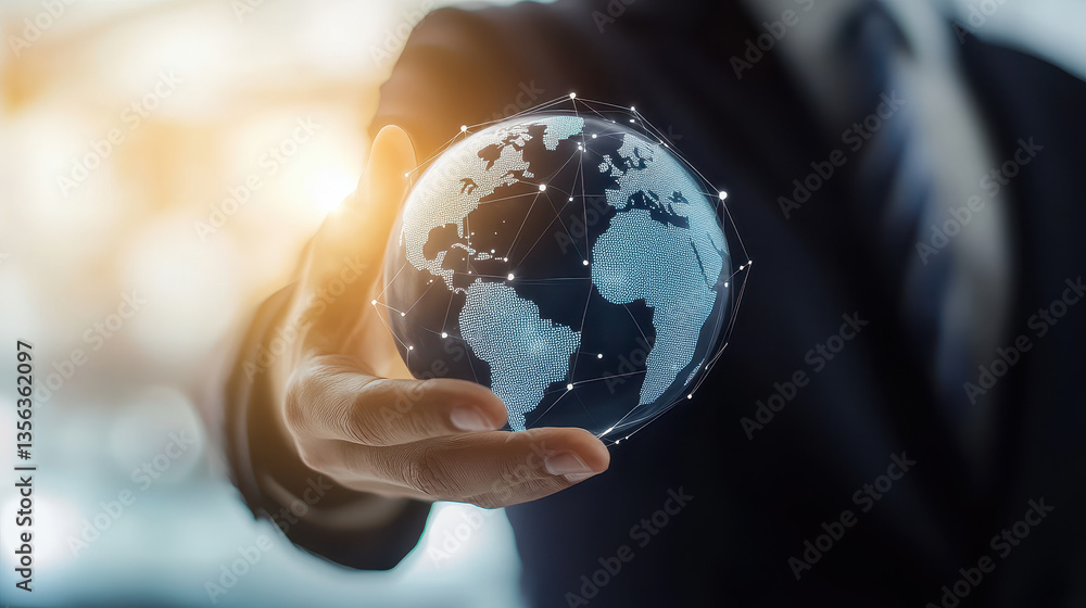 Poster businessman touching a digital earth globe hologram with a network connection and global business in