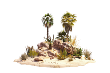 A small desert island with lush palm trees surrounded by dry sand.