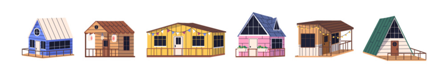 Wooden country houses, cabins, huts set. Small rustic countryside homes for summer holiday. Wood cottage, rural vacation buildings, bungalows with door, terrace, window. Flat vector illustration