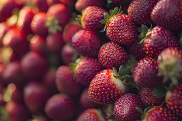 Freshly picked strawberries, close-up view.  Clusters of vibrant red berries, glistening with moisture, detailed texture.  A bounty of ripe, juicy strawberries