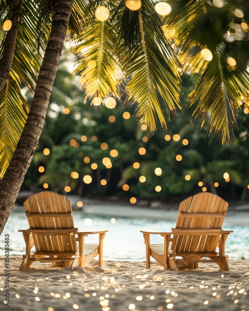 Aufkleber serene beach escape with wooden chairs under palm trees and soft bokeh lights creating a tranquil tr