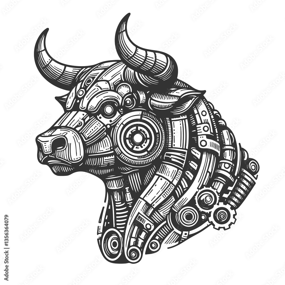Poster cybernetic bull with mechanical components, gears, and futuristic robotic details in steampunk style