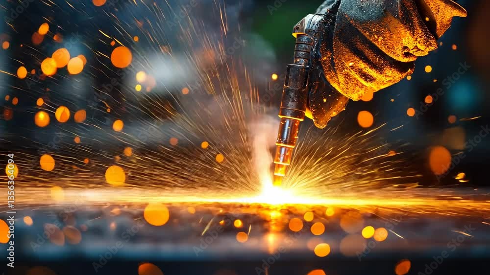 Aufkleber a close-up of a welding torch creating sparks with vibrant bokeh and glow effects.