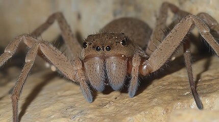 Close-up of a large brown huntsman spider.
