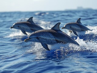Fototapeta premium Oceanic Dolphins Leaping in Azure Waters.