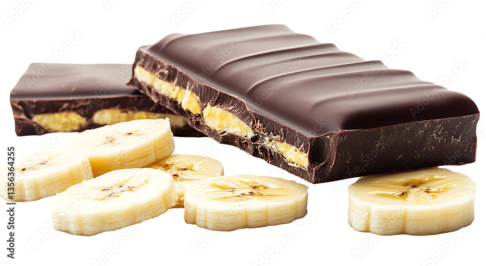 Poster close up of dark chocolate bar with banana filling and banana slices on trasparent background