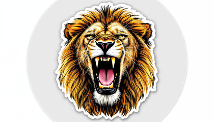 A roaring lion with a majestic mane, fully isolated in a bold circular sticker design.

