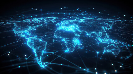 Abstract digital world map with glowing connections, in a blue color theme on a black background