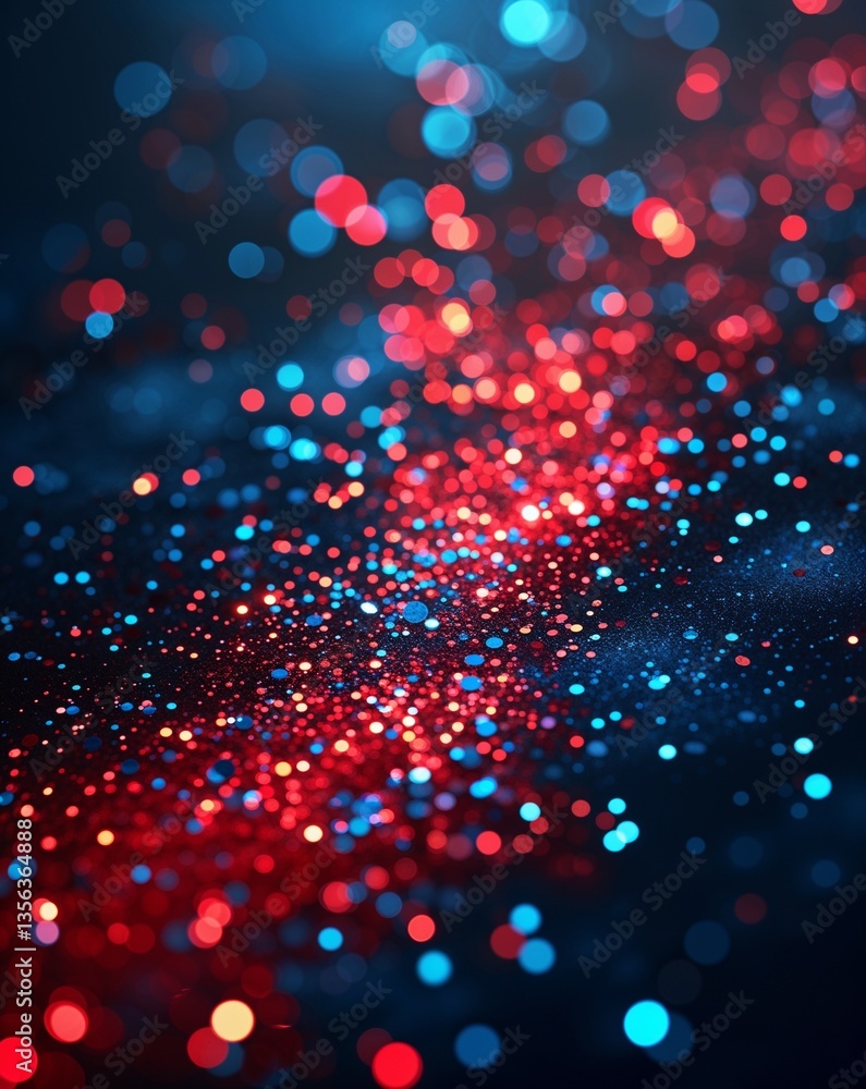 Poster red with blue bokeh with glitters in dark abstract background for card or greeting template banner b