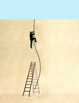 Illustration of a person climbing a rope with a ladder below symbolizing ambition and achievement