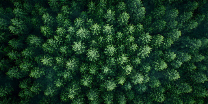Lush evergreen forest canopy viewed from above. A symphony of nature’s symmetry, vibrant green pines form a mesmerizing organic pattern. Dense woodland captured in a tranquil aerial perspective. Prist