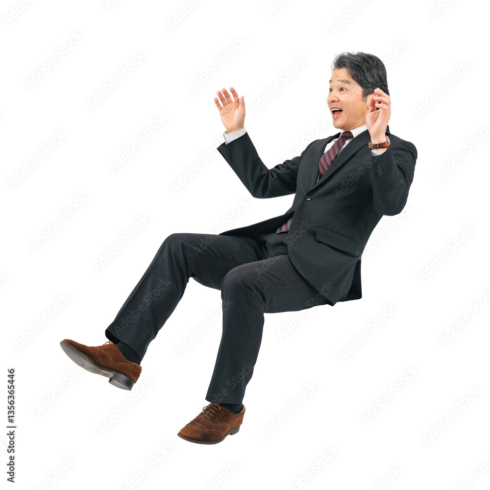 Poster 座りながら驚くミドルエイジ男性ビジネスパーソン　手作業で精密に切り抜いた背景透過全身写真png