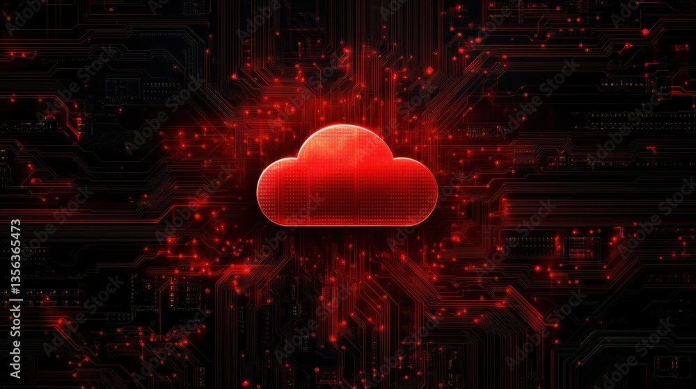 Poster red cloud symbol on digital circuit background representing cloud computing technology