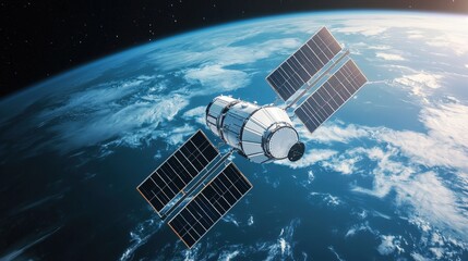 6G network innovation networking and future, A satellite orbits Earth, showcasing solar panels against a backdrop of blue planet and dark space, highlighting technology and exploration.