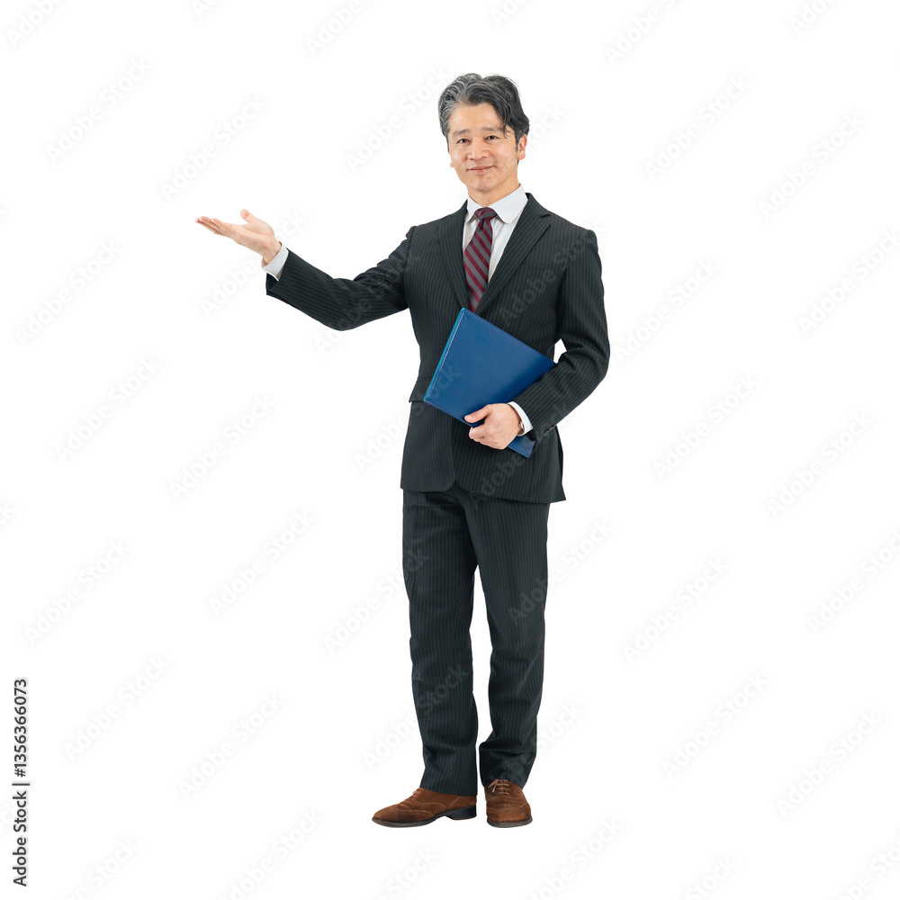 Poster ファイルを持って案内する中高年ビジネスマン　手作業で精密に切り抜いた背景透過全身写真png