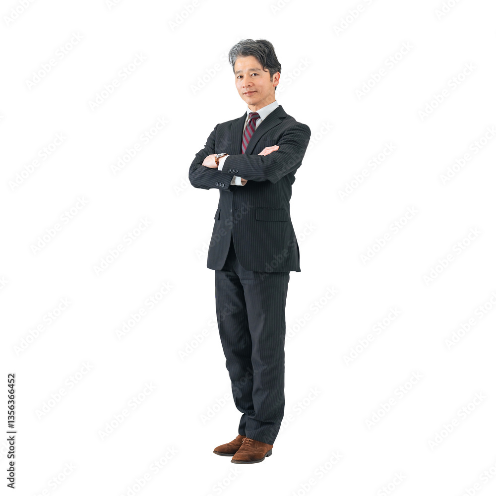 Aufkleber 腕組みして立つミドルエイジ男性ビジネスパーソン　手作業で精密に切り抜いた背景透過全身写真png