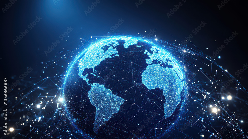 Poster abstract digital blue earth with global network connections and data transfer in space on a dark bac