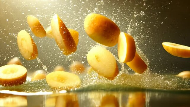 Artistically arranged potatoes and droplets of liquid floating in the air, capturing culinary essence.
