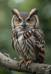 Fototapeta premium Majestic Owl Perched on Branch in Lush Green Forest, Showcasing Intricate Feather Patterns and Intense Gaze..**