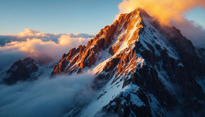 A majestic snow-covered mountain peak glowing under a golden sunset, surrounded by mist.

