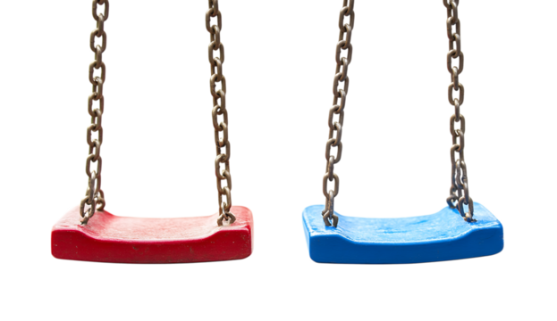 A close up of two swings with metal chains, one red and one blue, on a trasparent background