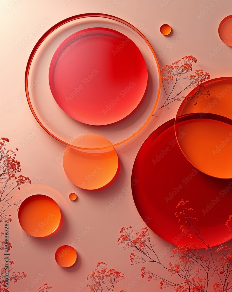 Poster red with orange transparent circular shapes layer abstract background for card or greeting template 
