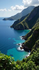 Fototapeta premium Indonesian Komodo Island Coast showcases stunning cliffs and turquoise waters. Concept of Indonesian Komodo Island Coast captures breathtaking landscape full of natural beauty.
