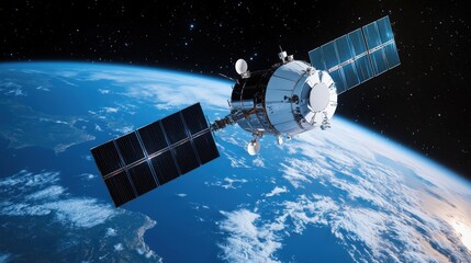 6G network innovation networking and future, A satellite orbits Earth, capturing a stunning view of the planet with solar panels extended against the backdrop of space.