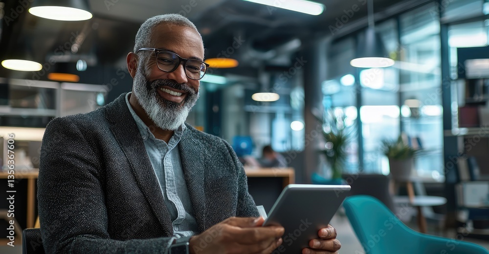 Poster manufacturing branding investment concepts. smiling man using a tablet in a modern workspace with a 