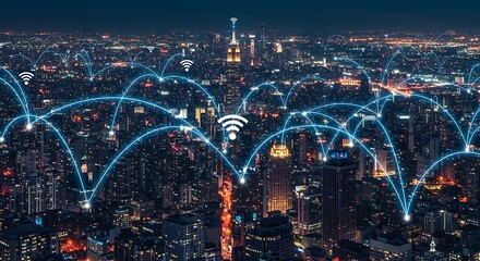 Obraz premium Futuristic City Skyline with Glowing High-Speed Wireless Connections – Next-Gen Network Technology