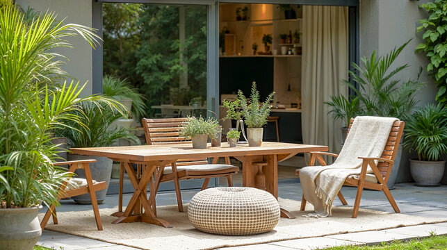 salon de jardin avec table et fauteuils en tek, pouf, plante et porte vitr&eacute;e en arri&egrave;re-plan