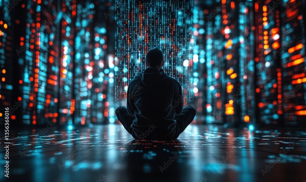 Poster person meditating in digital data environment with glowing binary code and vibrant colors