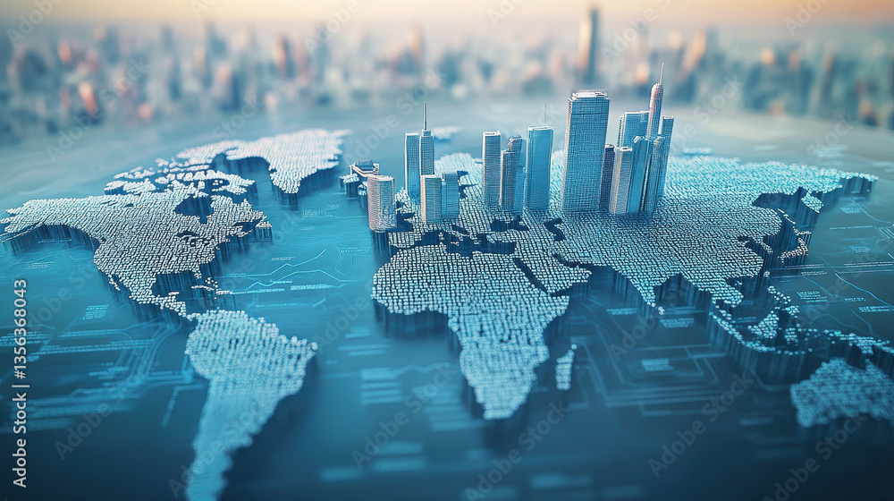 Poster digital world map made of data and technology, with a cityscape background. concept for global conne