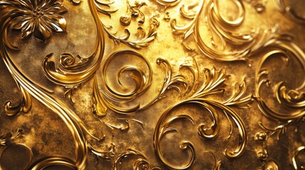Elaborate golden floral design featuring intricate swirls and patterns on a textured background
