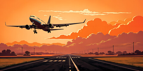 Fototapeta premium Airplane Landing at Sunset – Scenic Runway Approach