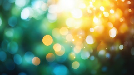 Obraz premium Dreamy, sun-drenched scene with a vibrant, blurred background of greens, blues, yellows, and whites. A warm, inviting glow