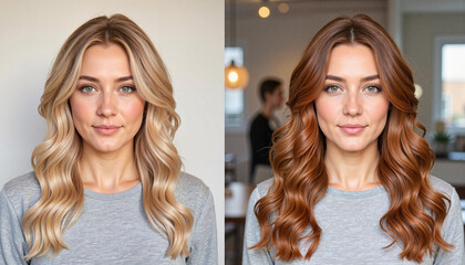 Hair color transformation from dull blonde to rich caramel brown, beauty enhancement
