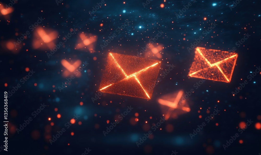 Aufkleber glowing digital envelopes representing email communication in a futuristic setting