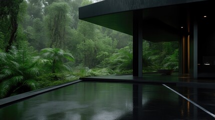 Modern home nestled in a lush rainforest, dark facade, rain