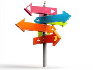 Colorful directional signs against white background