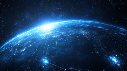 Fototapeta premium Blue, glowing light lines on Earth from space, a global network concept with the planet Earth and a starry sky background