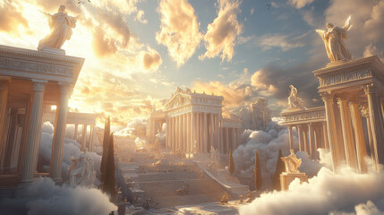 The heavenly city of the gods, with its white clouds, marble columns, and statues bathed in golden light